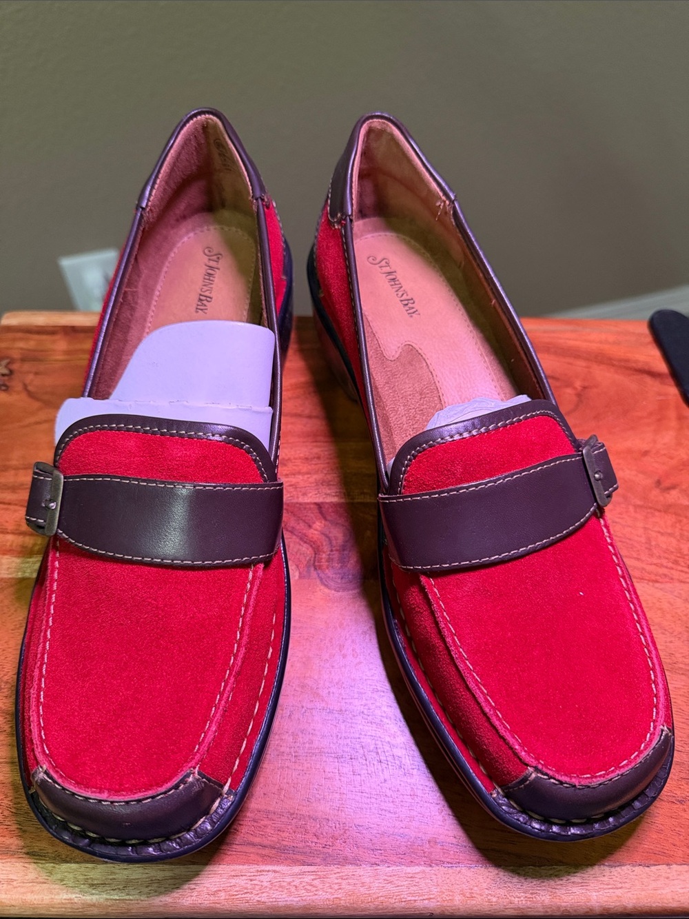 St. John's Bay Red Suede Loafers with Brown Trim - Women's